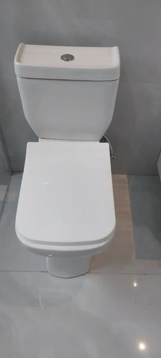 White ceramic toilet in a tiled bathroom
